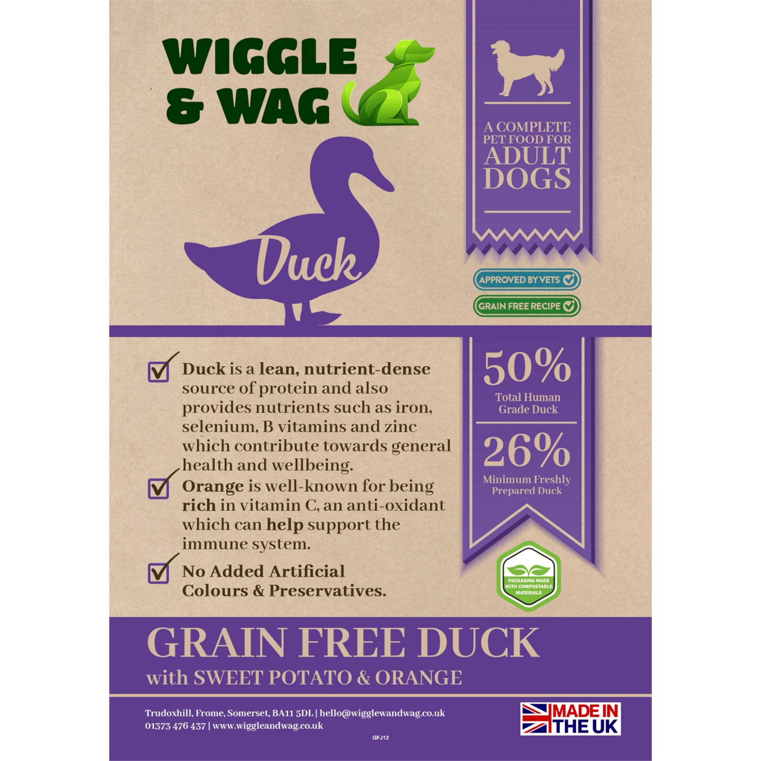 Wiggle and Wag Grain Free Duck, Sweet Potato & Orange, Complete Adult Dog Food