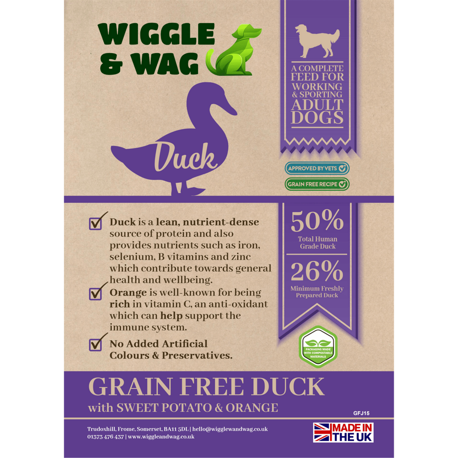 Wiggle and Wag Grain Free Duck, Sweet Potato & Orange, Complete Working Adult Dog Food