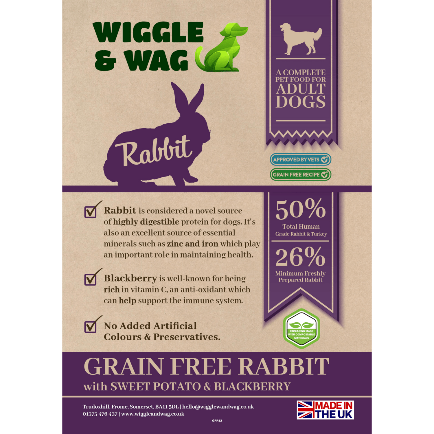 Wiggle and Wag Grain Free Rabbit With Sweet Potato & Blackberry Complete Adult Dog Food