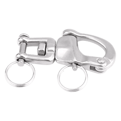 Stainless steel quick release snap hook with dual key rings, ideal for marine and industrial utility buckle applications.