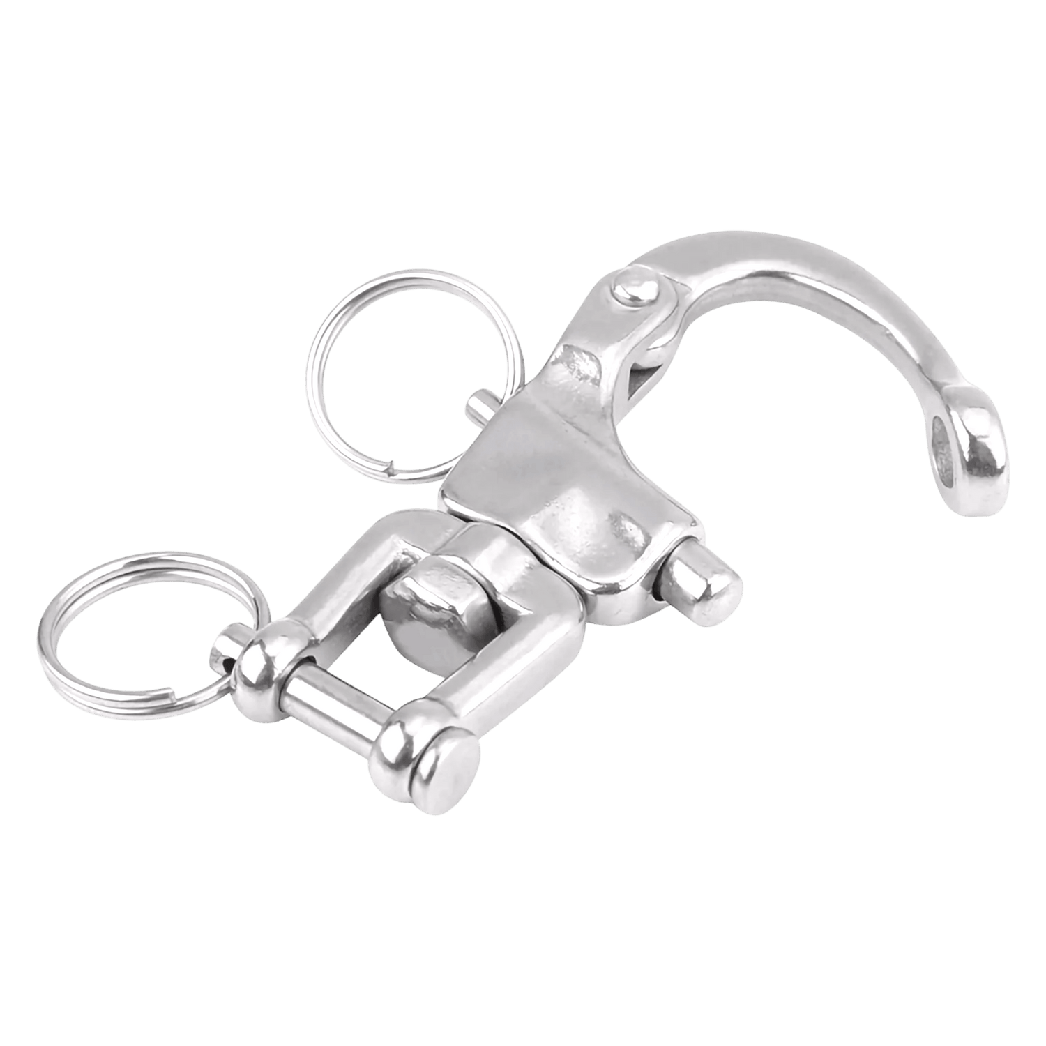 Open quick release snap hook in polished stainless steel, designed for secure fastening in hardware and utility buckle systems.
