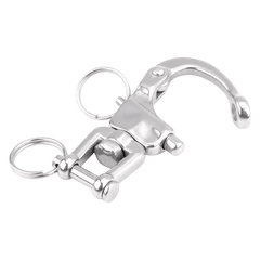 Open quick release snap hook in polished stainless steel, designed for secure fastening in hardware and utility buckle systems.