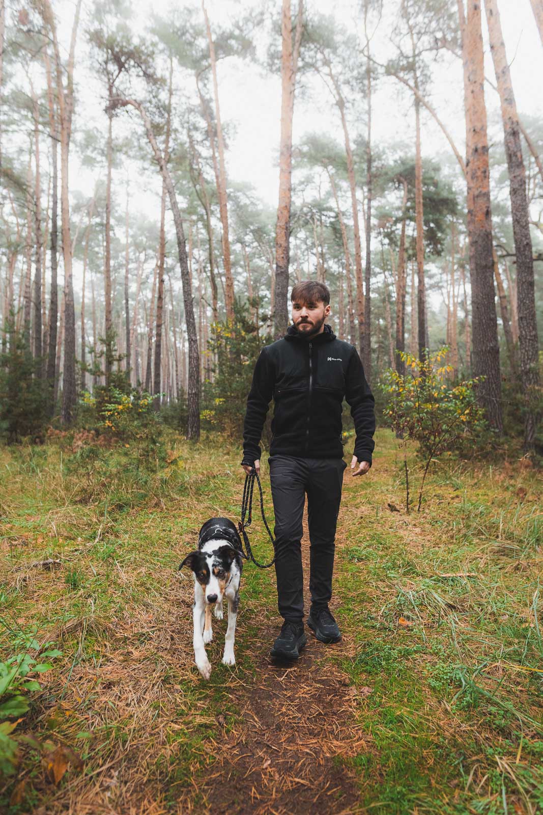 Man walking a dog in a forest on a foggy day