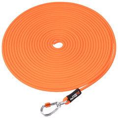 Non-stop Dogwear Protector Round Long Line in bright orange, coiled neatly with durable carabiner clip for secure dog training and outdoor use.