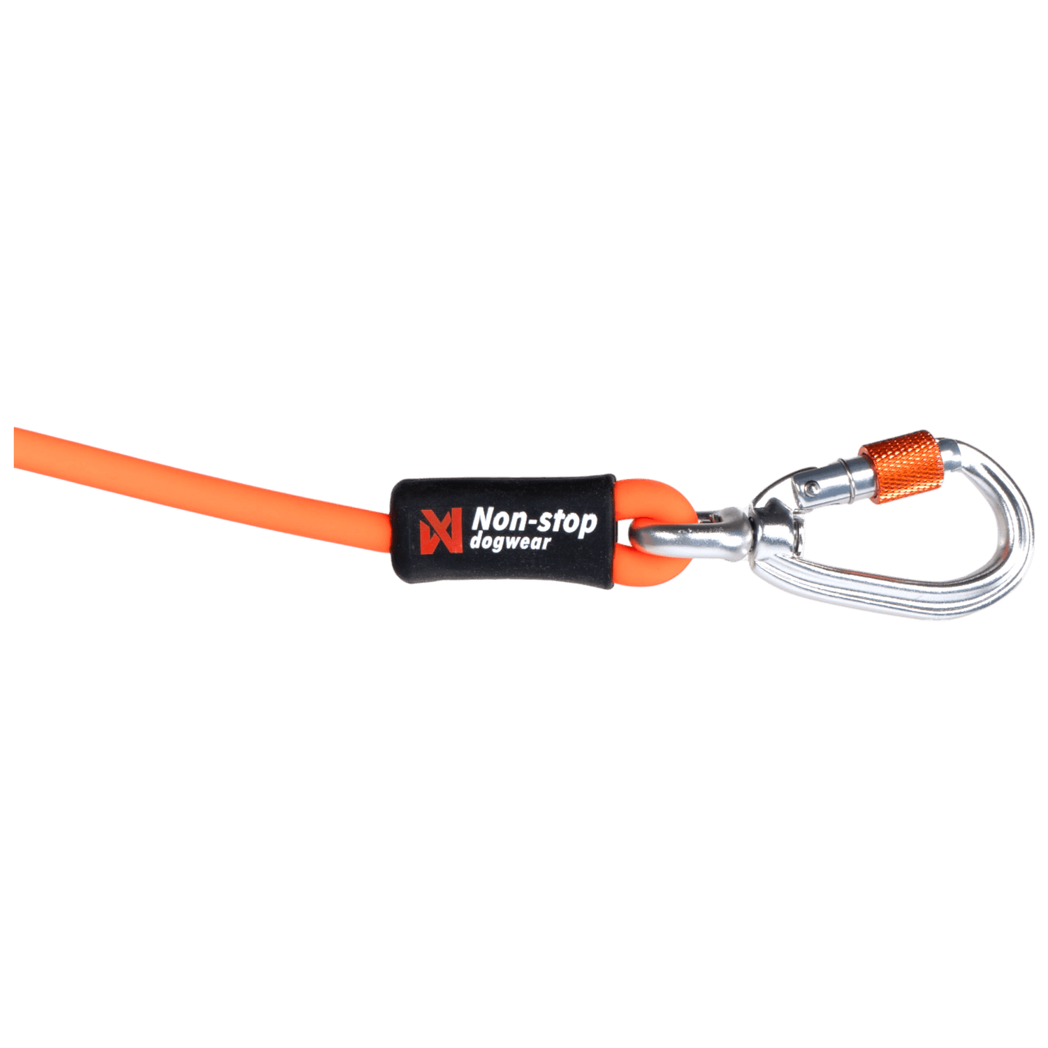 Close-up of Non-stop Dogwear Protector Round Long Line showing reinforced attachment and locking carabiner for reliable pet control and safety.