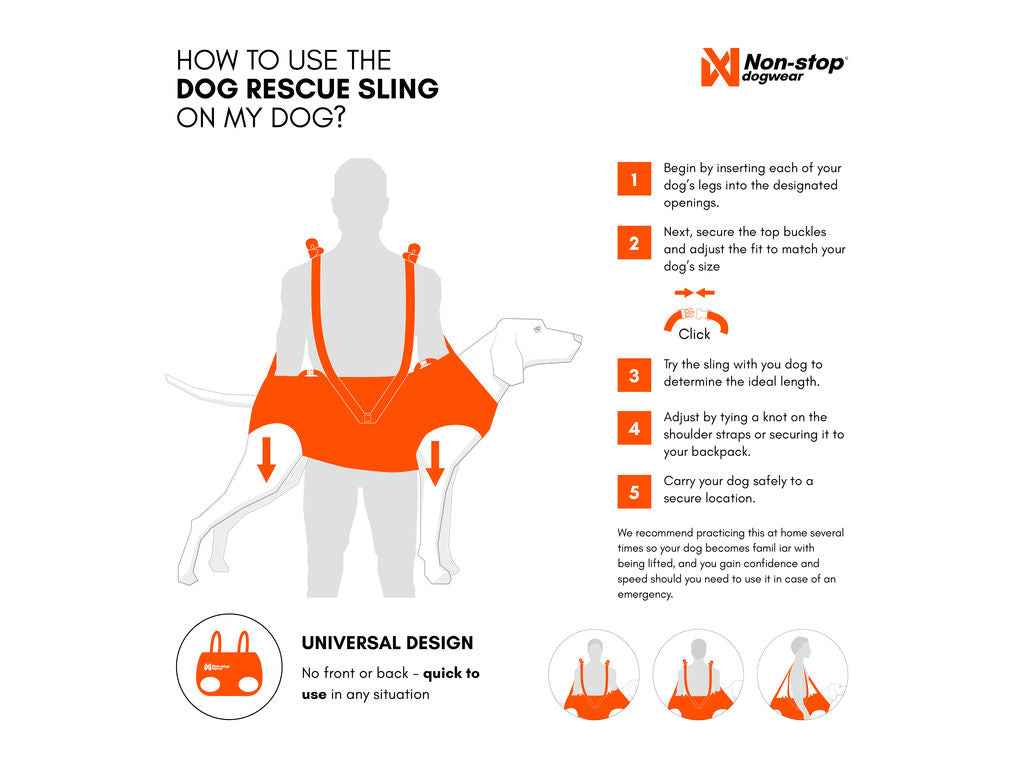 Instructions on how to use a Non-stop dogwear dog rescue sling with illustrations and text.