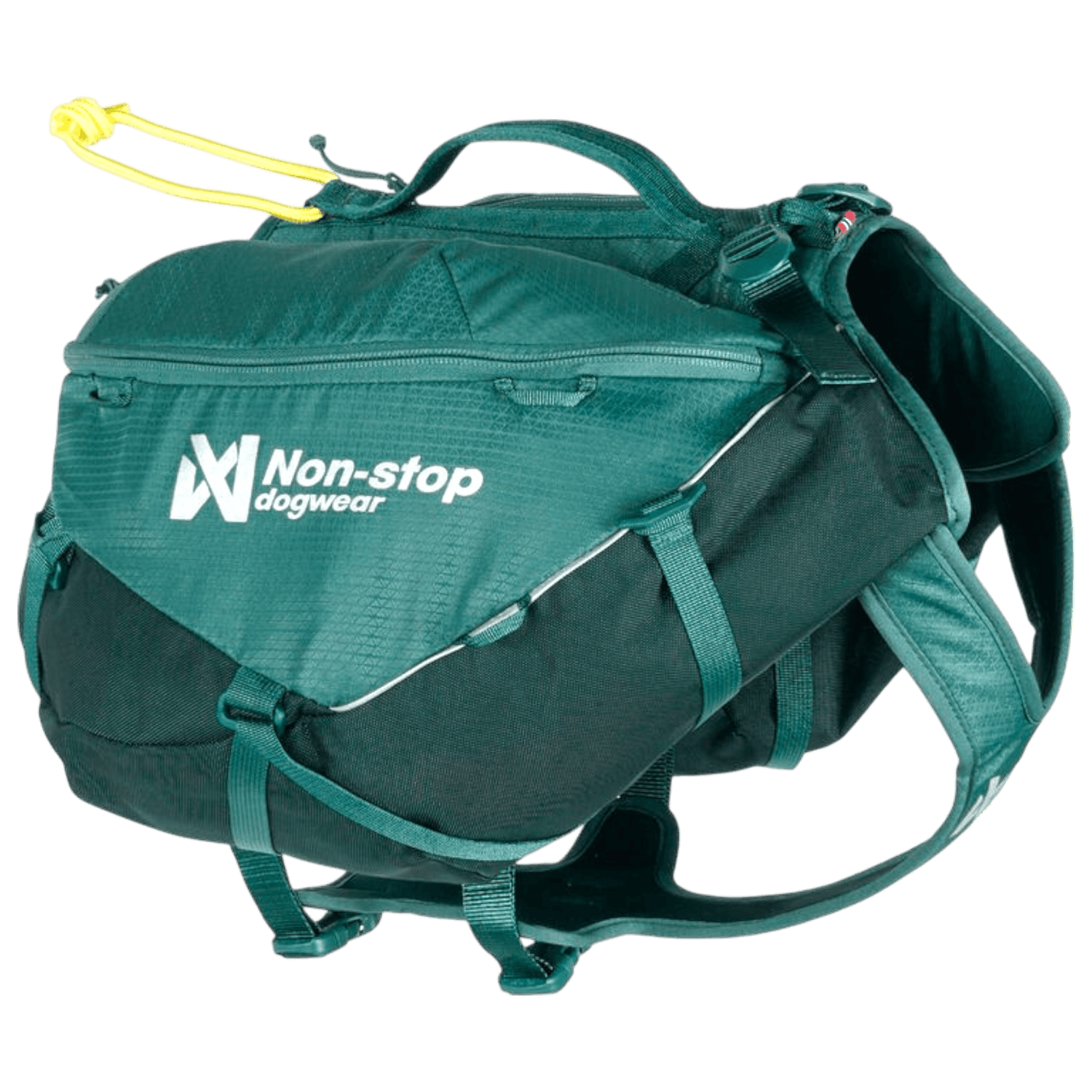 Non-stop dogwear Trail Quest Dog Backpack in teal with dual saddlebags and adjustable harness, ideal for hiking and outdoor adventures.