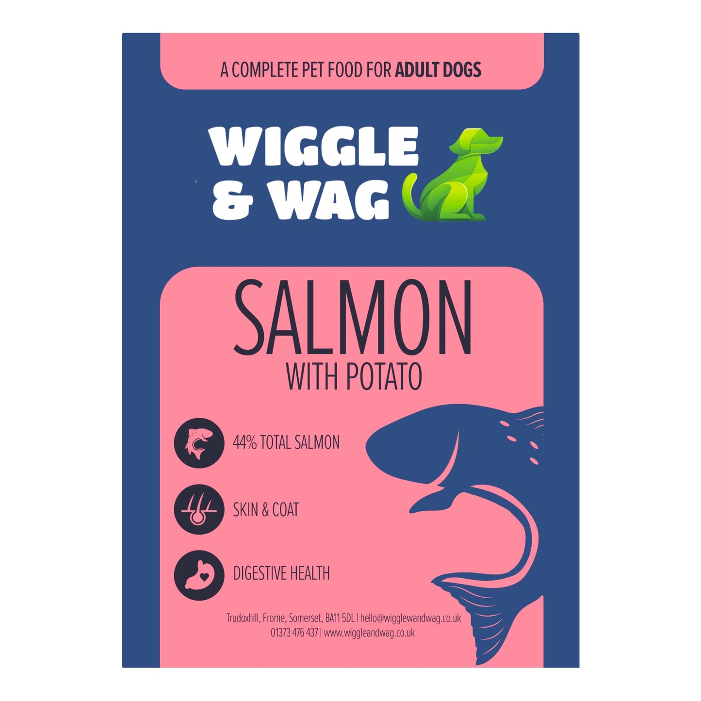 Wiggle and Wag Salmon With Potato, Complete Adult Dog Food