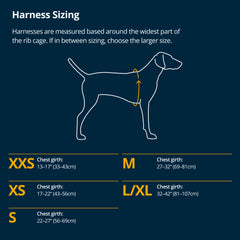 Ruffwear harness sizing guide showing chest girth measurement and size ranges