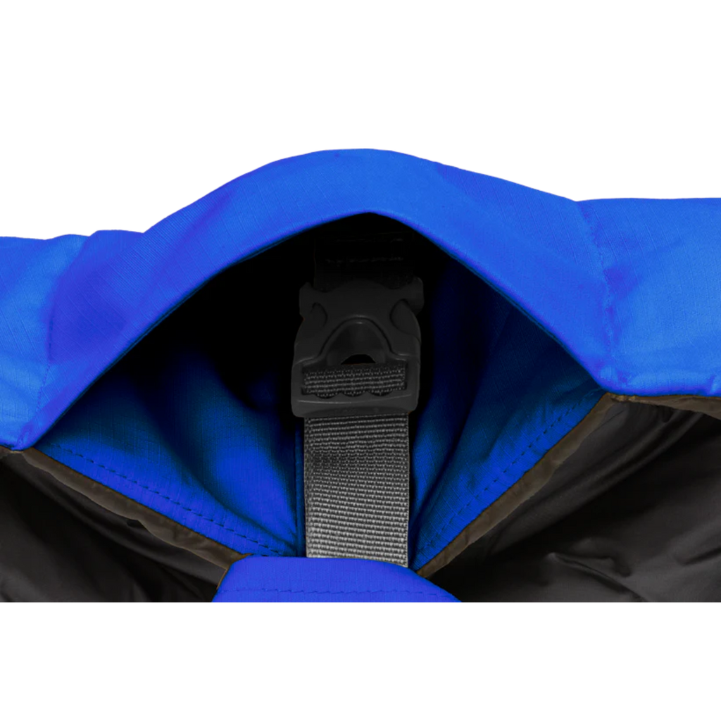 Close-up of a blue hood with a black strap on a white background
