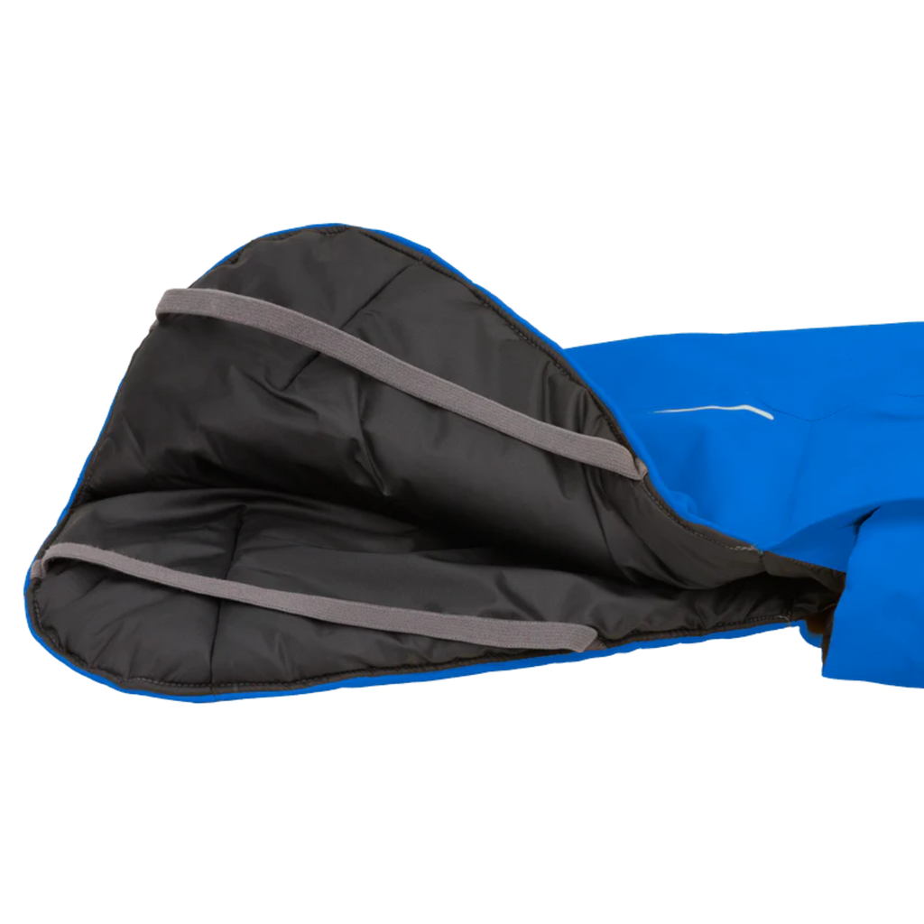 Blue and black sleeping bag on a white background