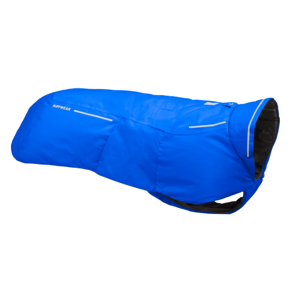 Blue dog coat with black interior on a white background