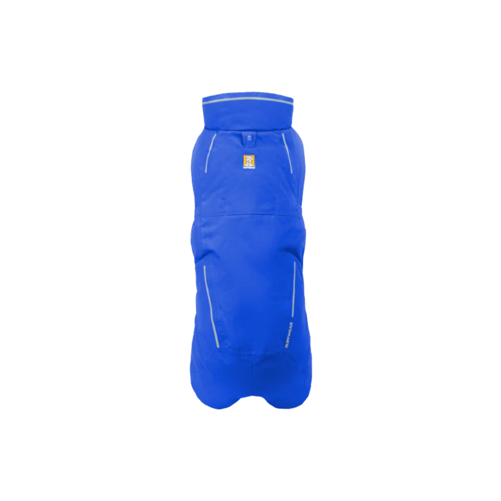 Blue insulated dog coat on a white background
