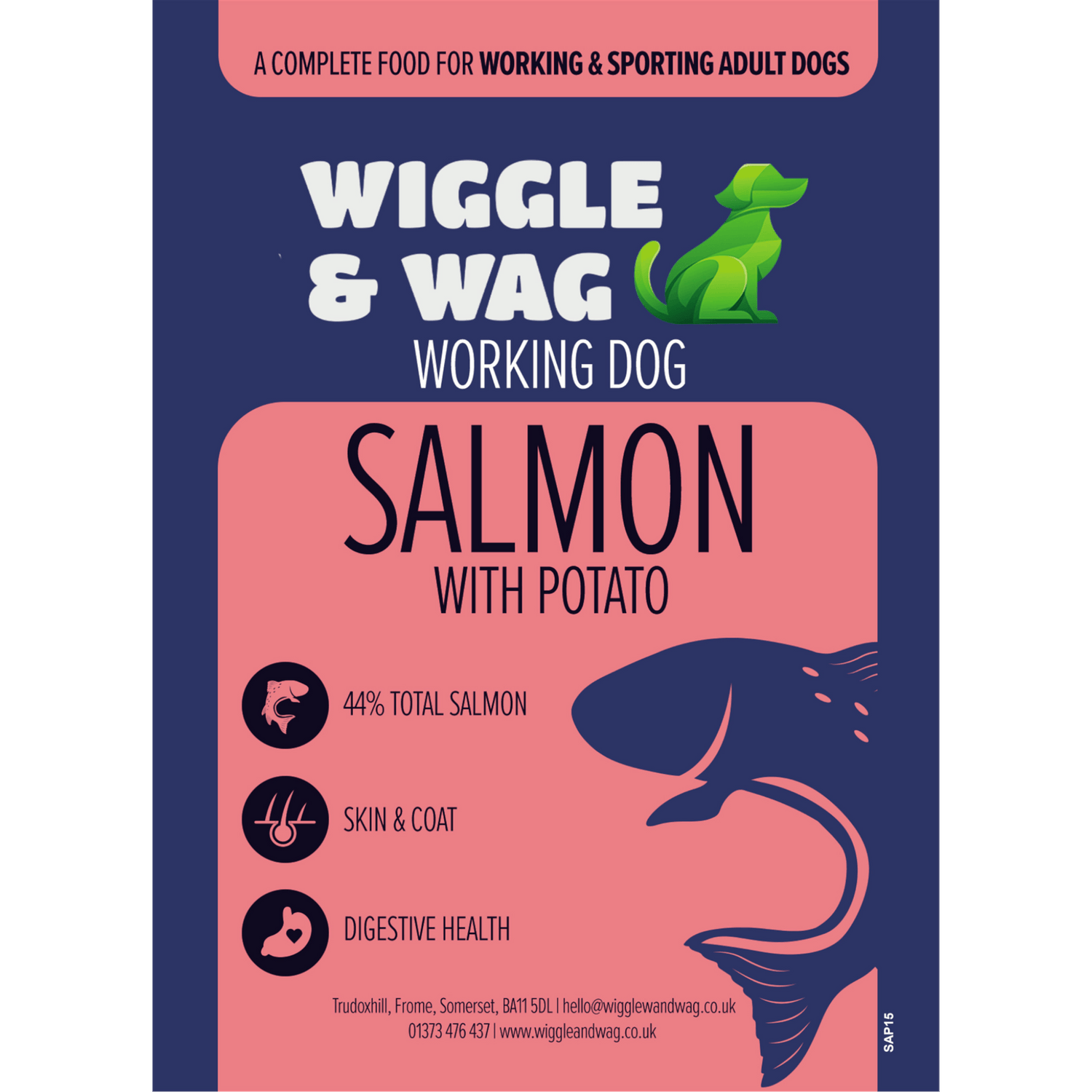 Wiggle and Wag Salmon With Potato, Complete Adult Working Dog Food