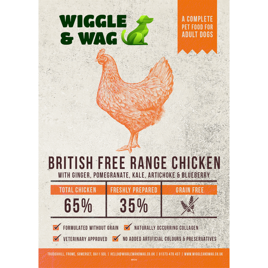 Wiggle and Wag Adult Dog British Free Range Chicken with Ginger, Pomegranate, Kale, Artichoke & Blueberry