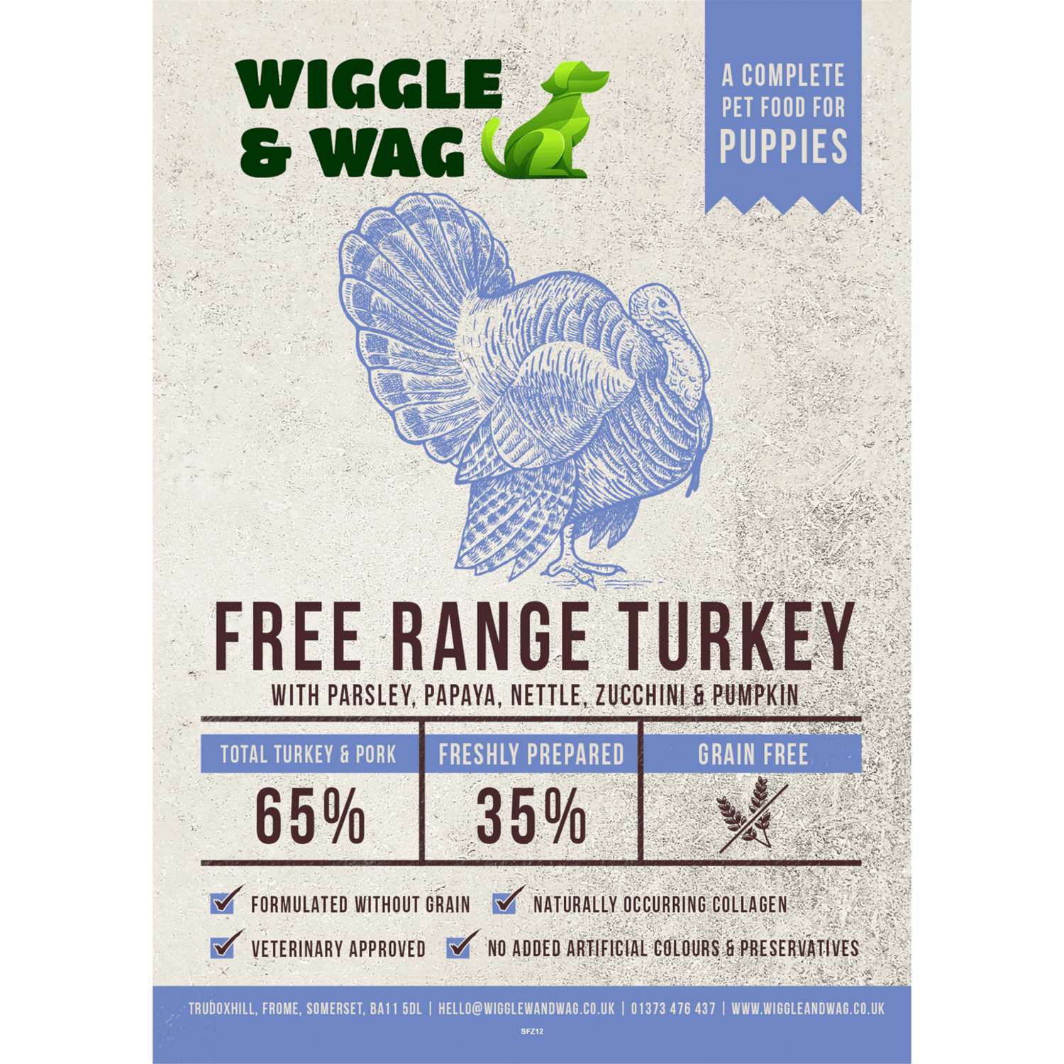 Wiggle and Wag  Puppy Free Range Turkey with Parsley, Papaya, Nettle, Zucchini & Pumpkin
