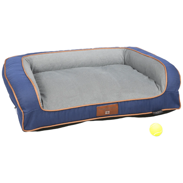 George Barclay Savile Dog Sofa Bed in Mariner's Blue with grey cushioned interior and tan piping, ideal for stylish pet comfort and support.