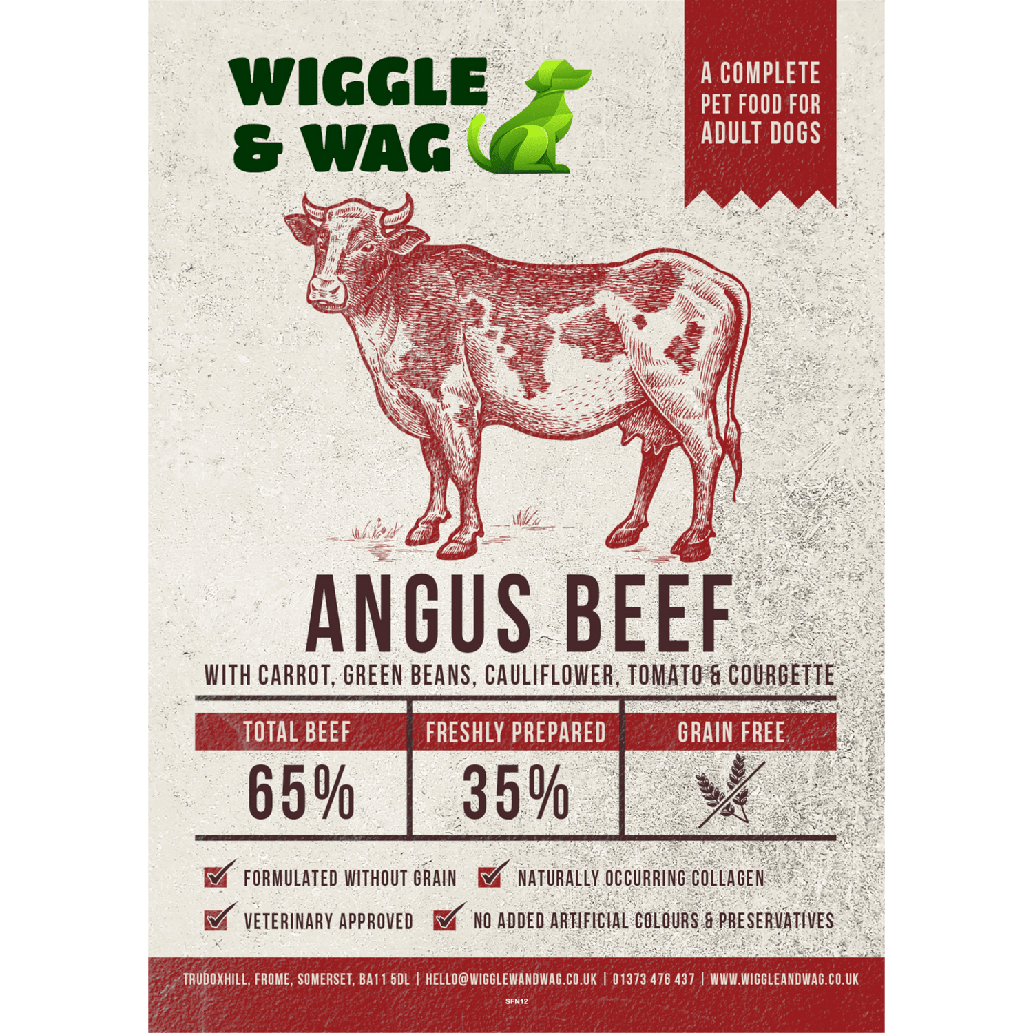 Wiggle and Wag Adult Dog Angus Beef with Carrot, Green Beans, Cauliflower, Tomato & Courgette