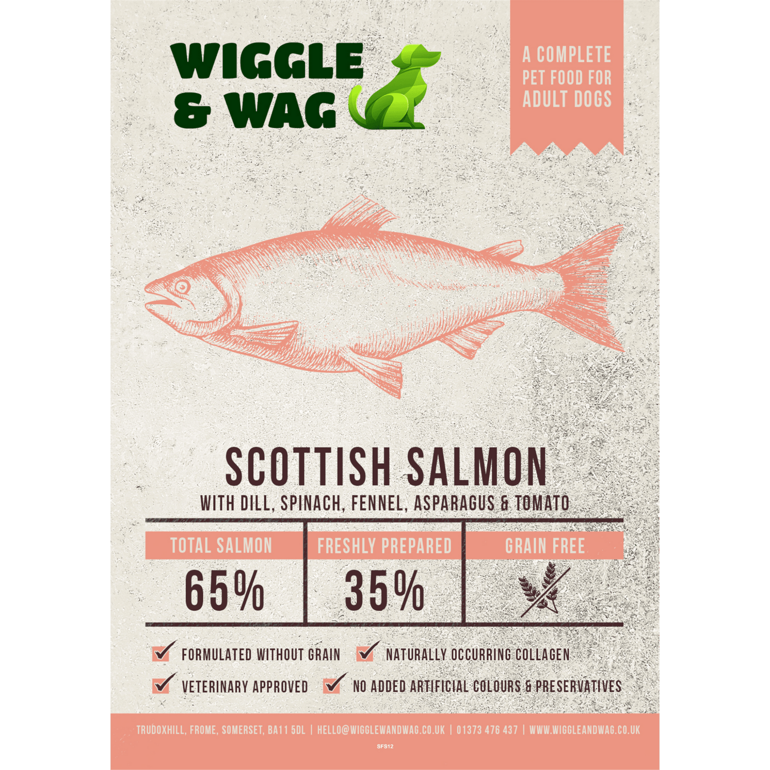 Wiggle and Wag Adult Dog Scottish Salmon with Dill, Spinach, Fennel, Asparagus & Tomato