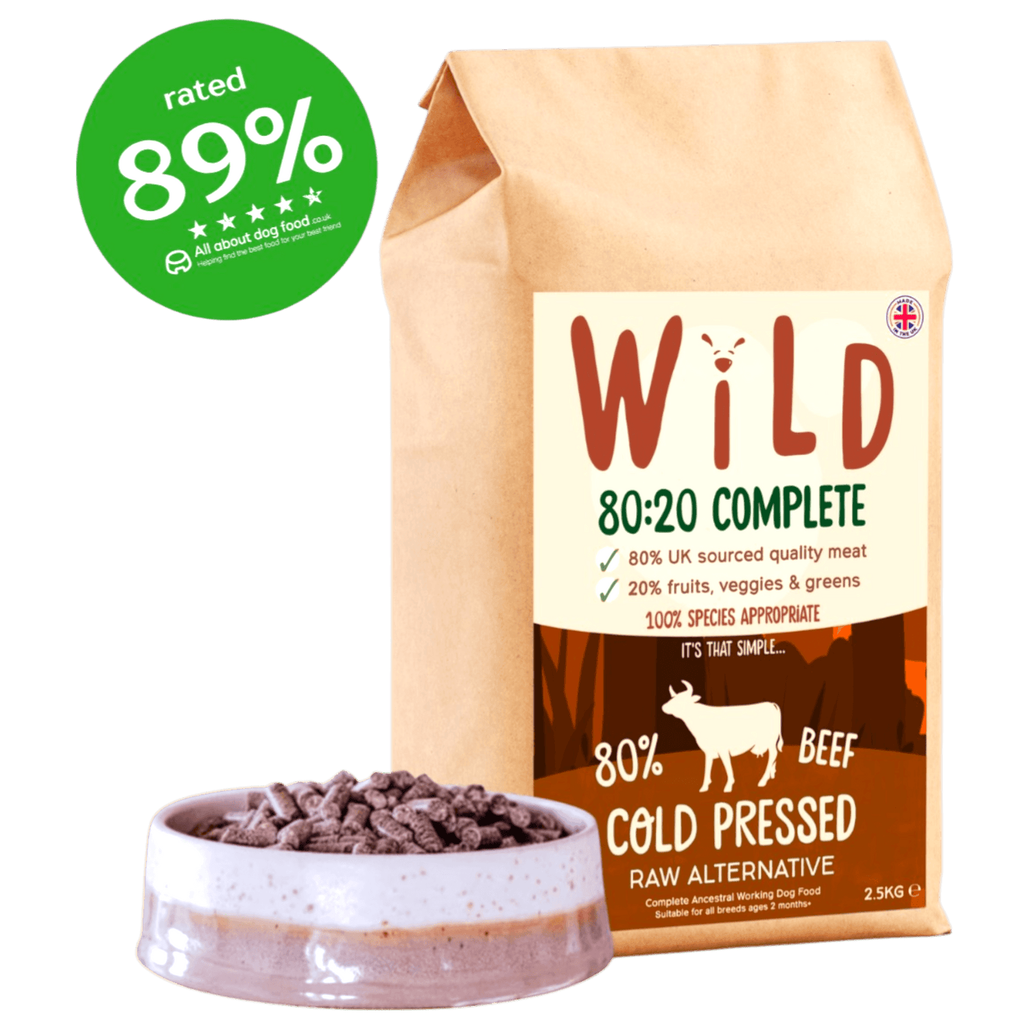 Wild Pet Food Beef 80:20 Cold-Pressed Complete Dog Food in eco-friendly packaging with a bowl of kibble, rated 89% by All About Dog Food.