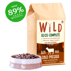 Wild Pet Food Beef 80:20 Cold-Pressed Complete Dog Food in eco-friendly packaging with a bowl of kibble, rated 89% by All About Dog Food.