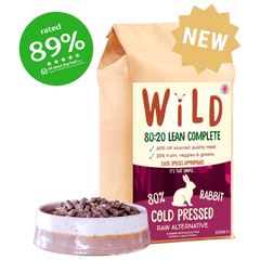 Bag of Wild 80-20 Lean Complete dog food with a bowl of food on a white background