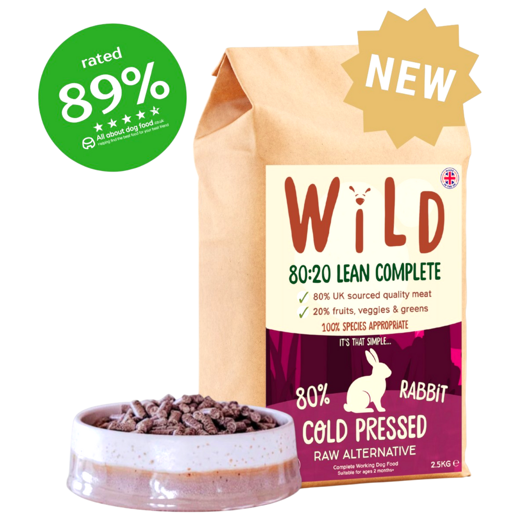 Bag of Wild 80-20 Lean Complete dog food with a bowl of food on a white background