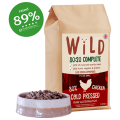 Bag of Wild 80:20 Complete dog food with a bowl of food and a green rating badge on a white background