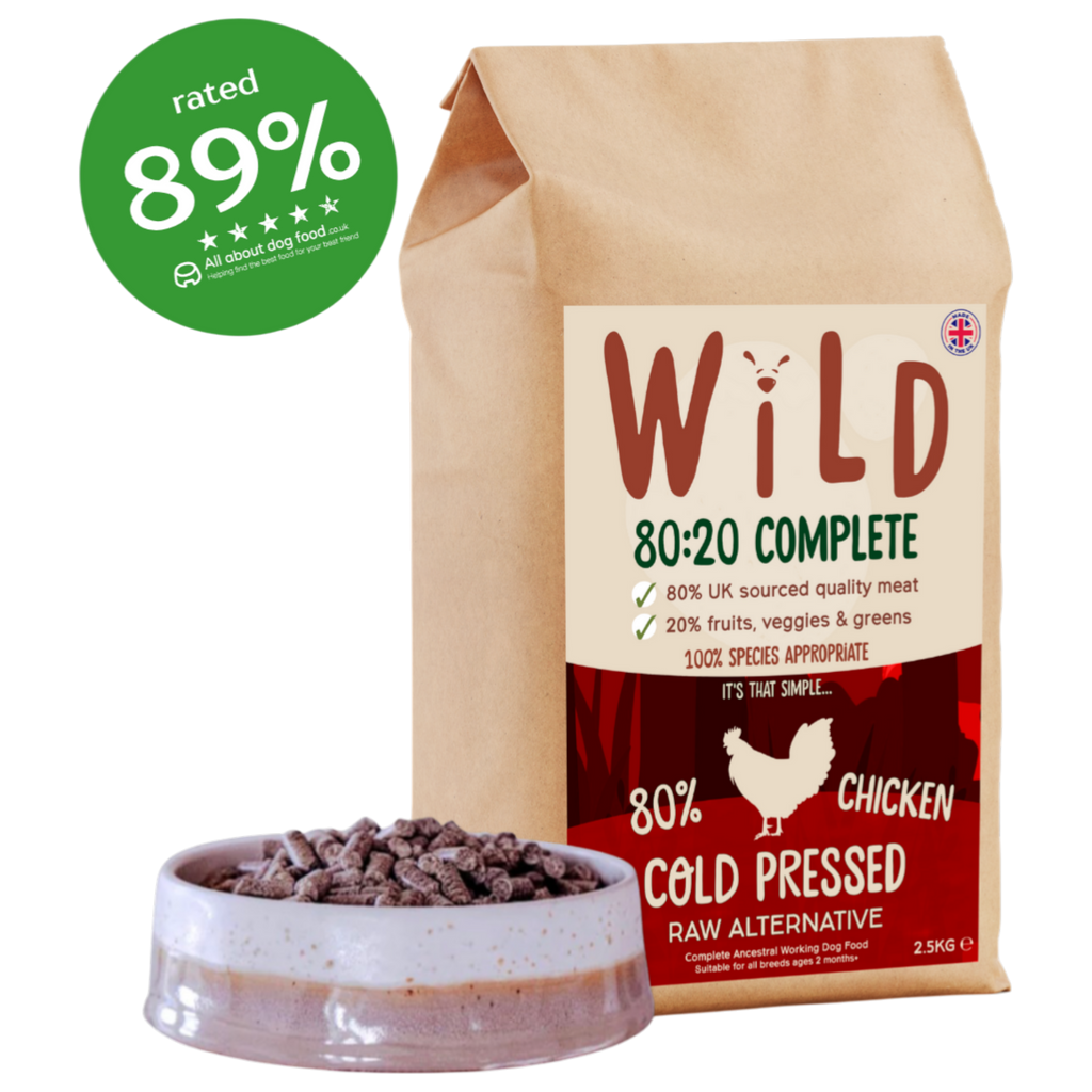 Bag of Wild 80:20 Complete dog food with a bowl of food and a green rating badge on a white background