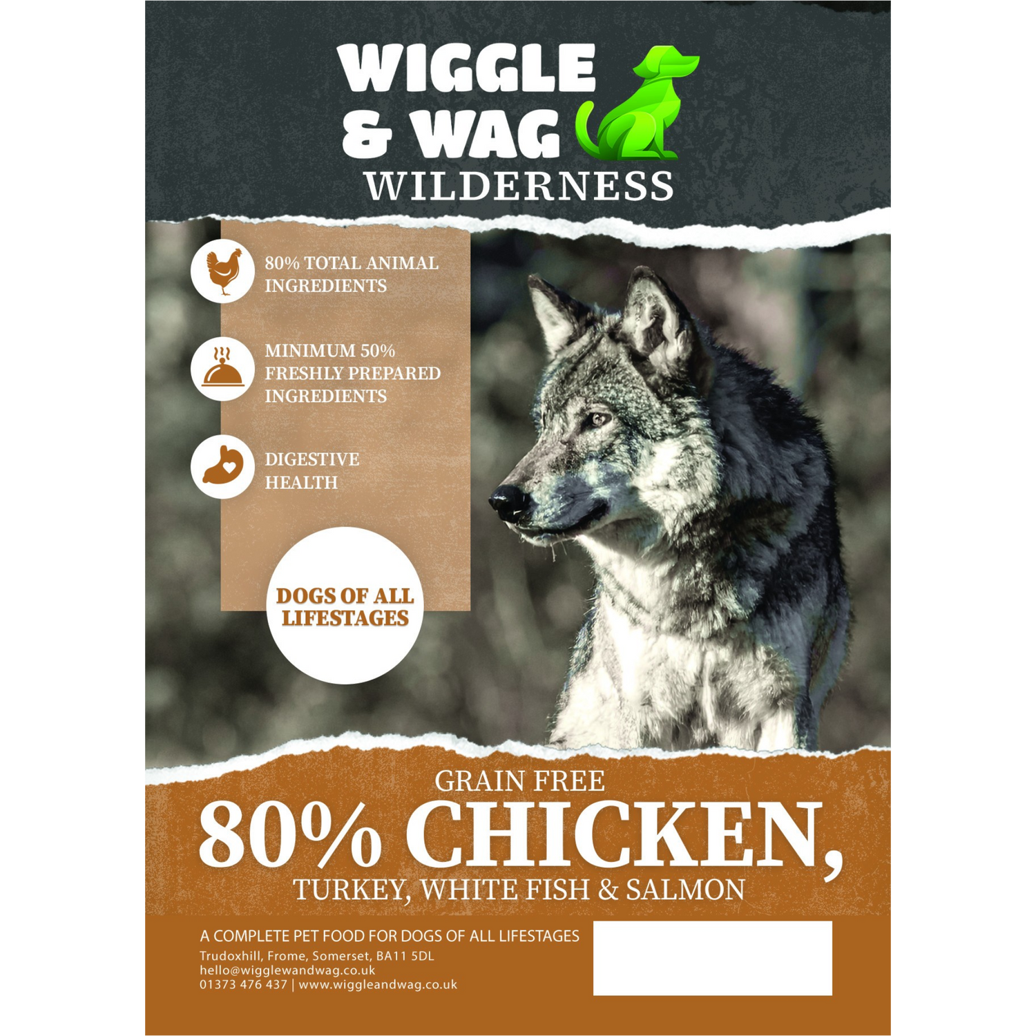 Wilderness Grain Free 80% Chicken Turkey White Fish and Salmon dog food