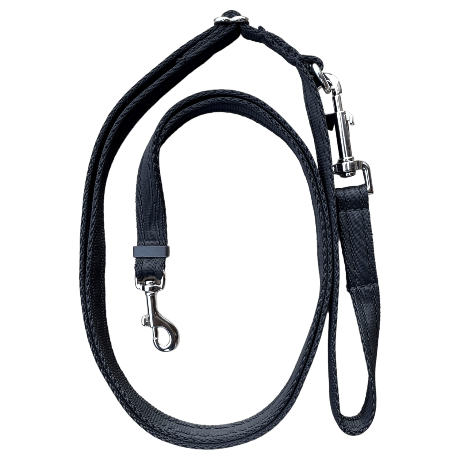 Black Adjustable Double Ended Dog Lead made from 20mm cushion webbing with dual metal clips for versatile pet control and comfort.