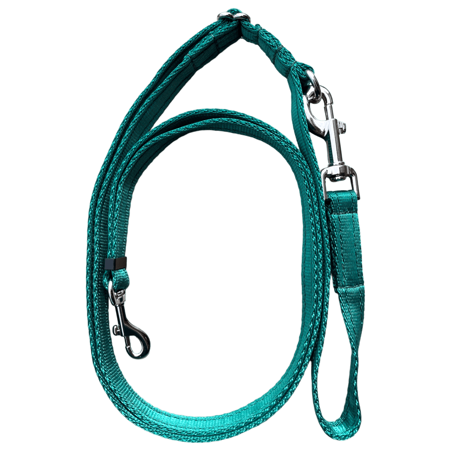 Green Adjustable Double Ended Dog Lead featuring durable 20mm cushion webbing and dual clips for flexible dog-walking options.