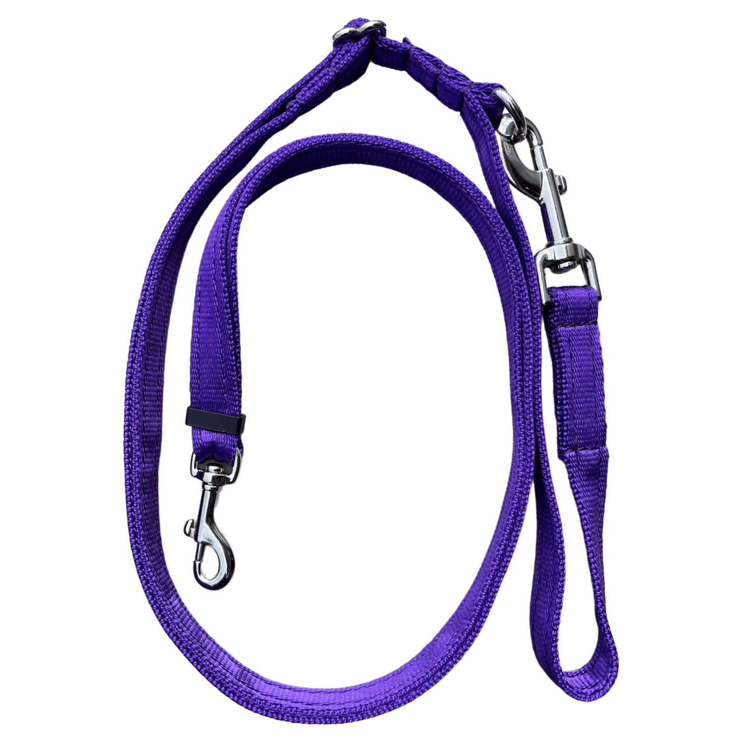 Purple Adjustable Double Ended Dog Lead with strong 20mm cushion webbing and dual metal clasps for enhanced control and comfort.