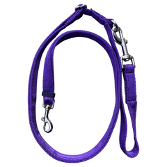 Purple Adjustable Double Ended Dog Lead with strong 20mm cushion webbing and dual metal clasps for enhanced control and comfort.