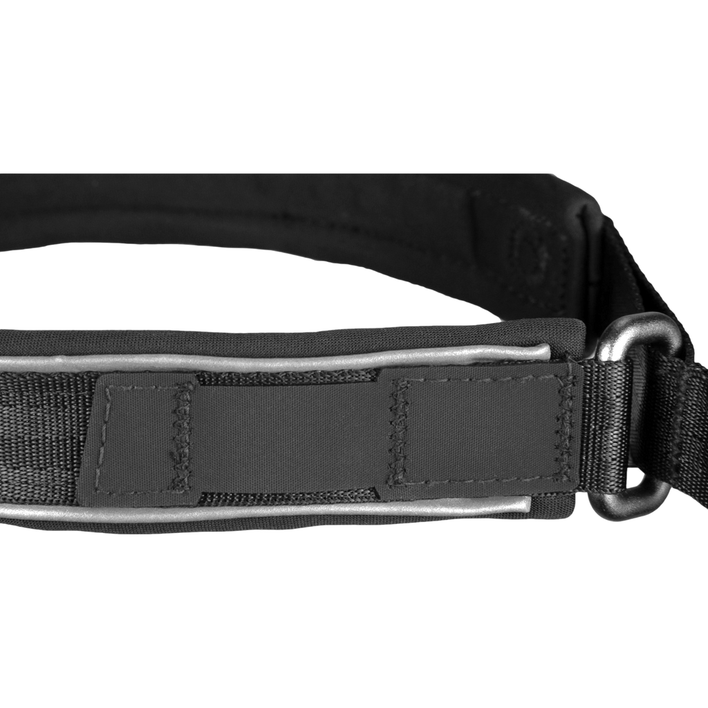 Close-up of a black waist bag with a reflective strip on a Transparent background