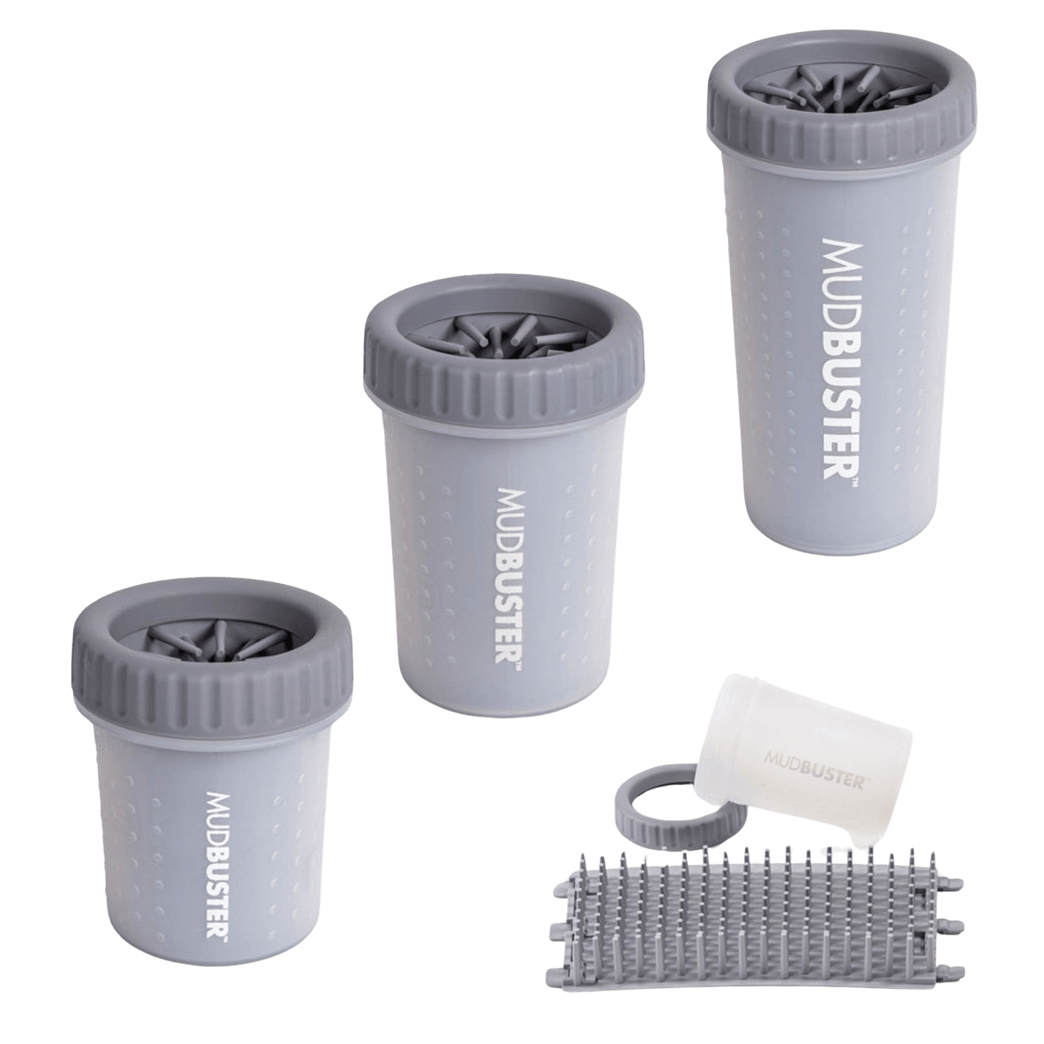 Gray Dexas Mudbuster paw cleaners in small, medium, and large with removable silicone bristles, designed for easy dog paw cleaning.