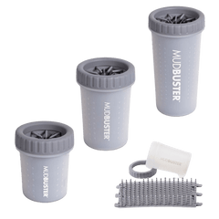 Gray Dexas Mudbuster paw cleaners in small, medium, and large with removable silicone bristles, designed for easy dog paw cleaning.