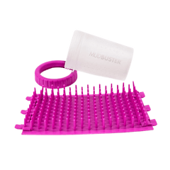 Disassembled Dexas Mudbuster in pink showing silicone bristles, lid, and container, ideal for cleaning muddy dog paws on-the-go.