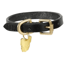 Black Digby & Fox Flat Leather Dog Collar featuring brass buckle, D-ring, and gold dog tag, perfect for durable pet accessories.