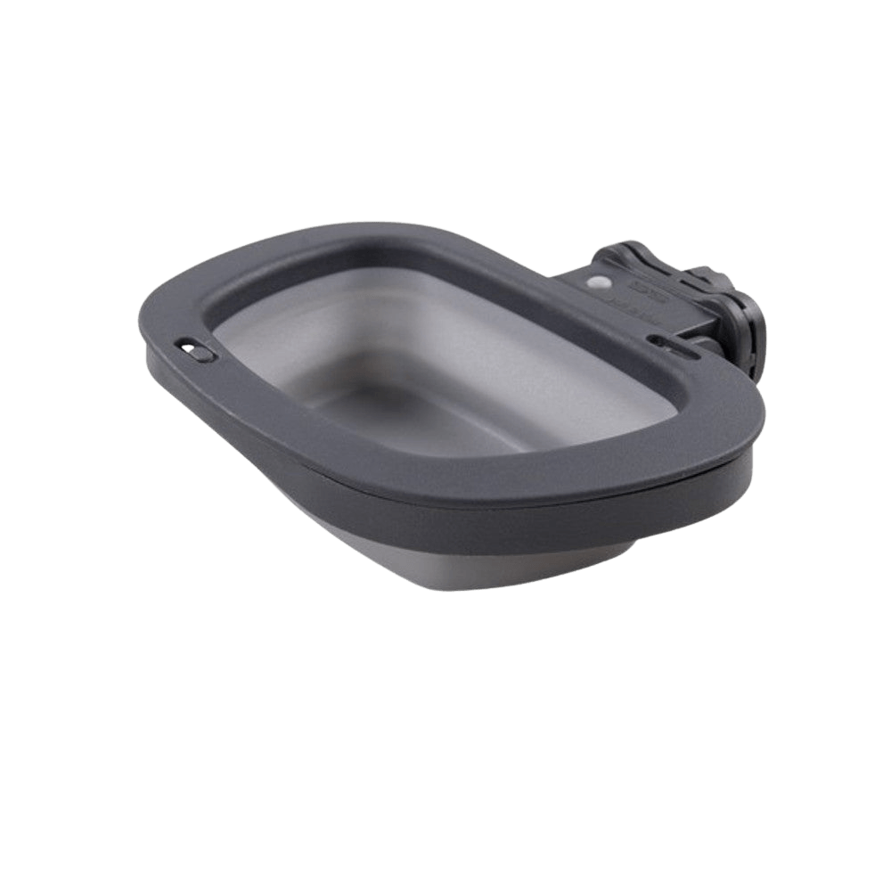 Dexas Collapsible Kennel Bowl Large in gray, foldable travel dog bowl designed for easy storage and portability.