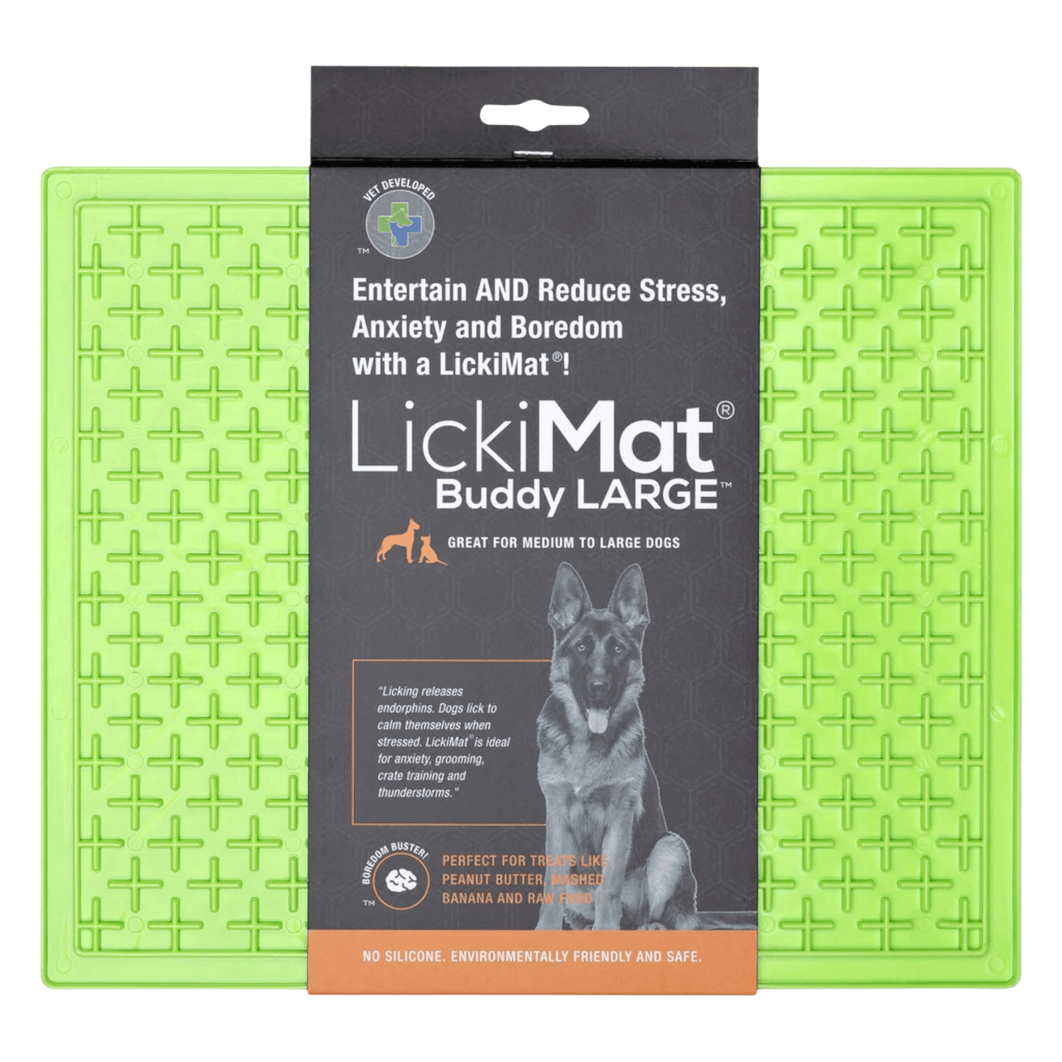 LickiMat® Classic Buddy™ XL in green for dogs, a slow feeder mat ideal for treats, spreads, and raw food to reduce stress and boredom.