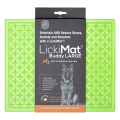 LickiMat® Classic Buddy™ XL in green for dogs, a slow feeder mat ideal for treats, spreads, and raw food to reduce stress and boredom.