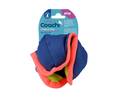 CoA Coachi Chase & Treat dog toy in navy, lime, and coral colors, designed for interactive play and treat dispensing.