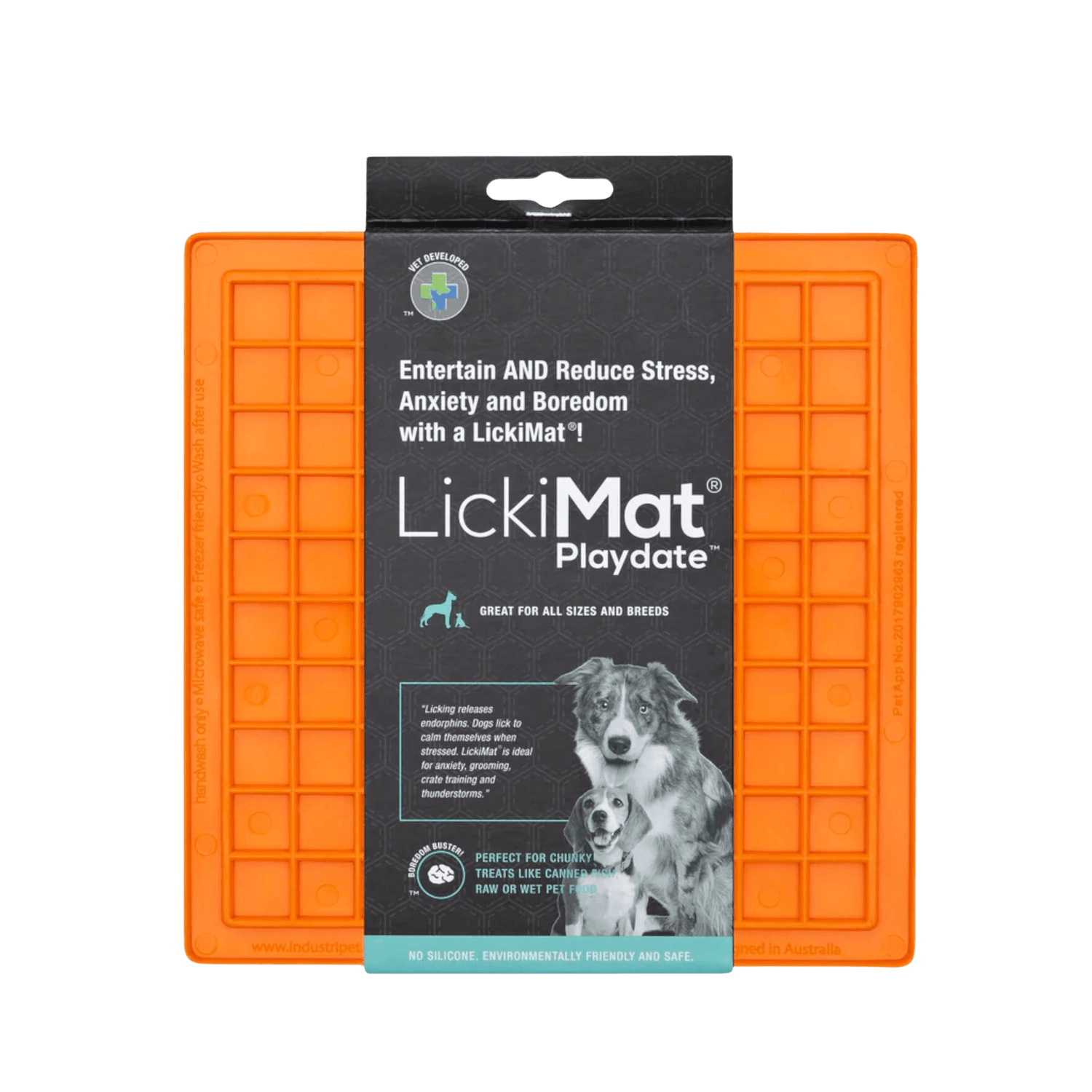 LickiMat® Classic Playdate™ orange pet treat dispenser mat for dogs and cats, perfect for yogurt, spreads, and raw food.