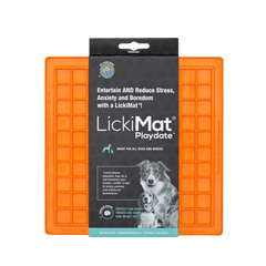 LickiMat® Classic Playdate™ orange pet treat dispenser mat for dogs and cats, perfect for yogurt, spreads, and raw food.