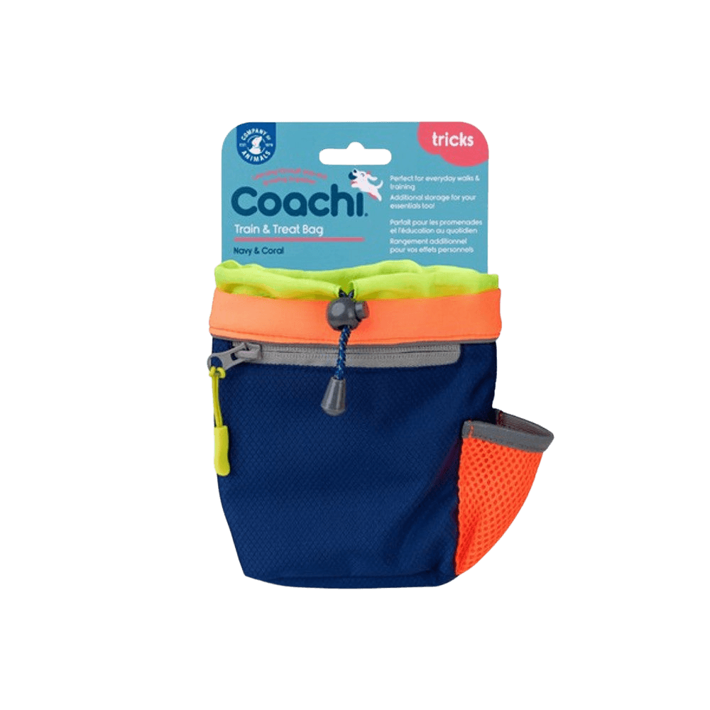 Packaged CoA Treat Bag in navy and orange, featuring zip closure and mesh pocket for convenient dog training use.
