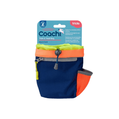 Packaged CoA Treat Bag in navy and orange, featuring zip closure and mesh pocket for convenient dog training use.