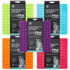 LickiMat® Classic Playdate™ dog bowls in assorted colors including green, orange, purple, blue, and red. Ideal for reducing pet anxiety and boredom.