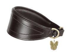 Dark brown Digby & Fox Padded Greyhound Collar featuring soft leather padding and brass fittings for elegant pet wear.