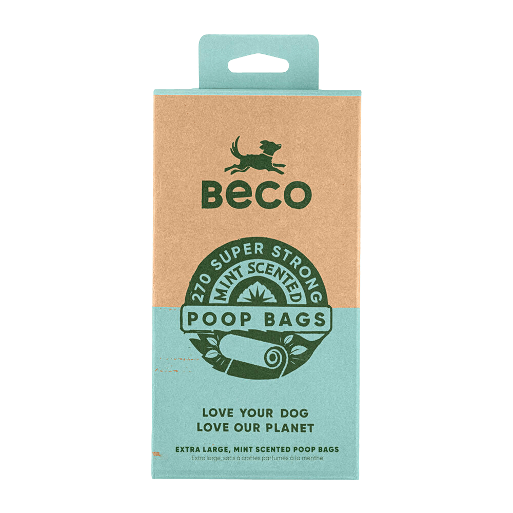 Beco Poop Bags Mint Scented box with 270 extra-large, strong, leakproof dog waste bags in eco-friendly packaging. Ideal for pet waste cleanup.